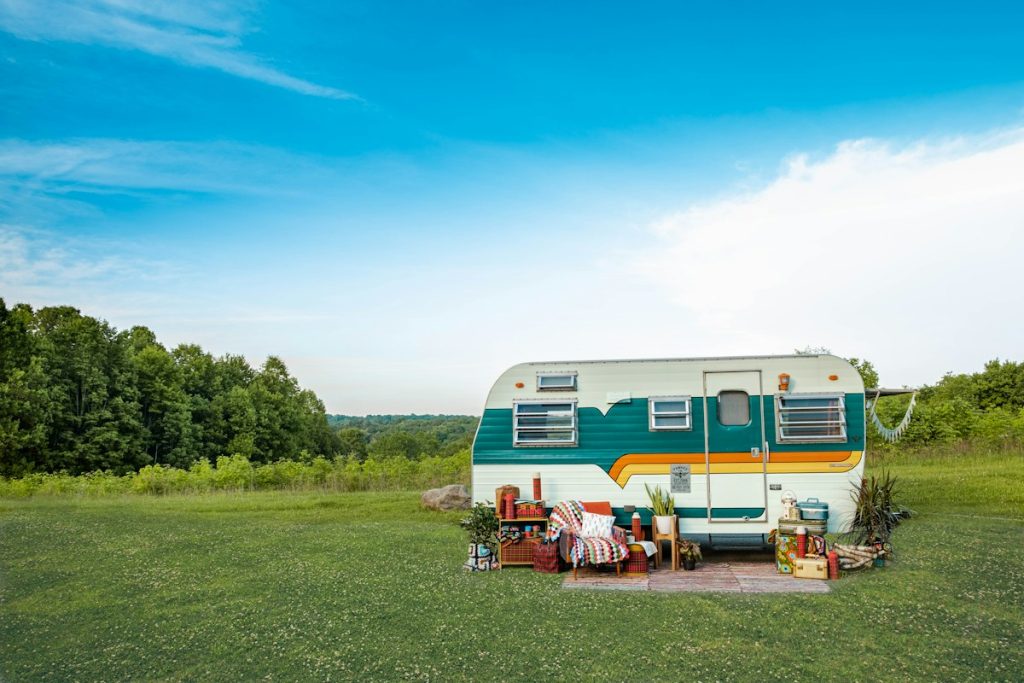 Travel trailer parked at a campground