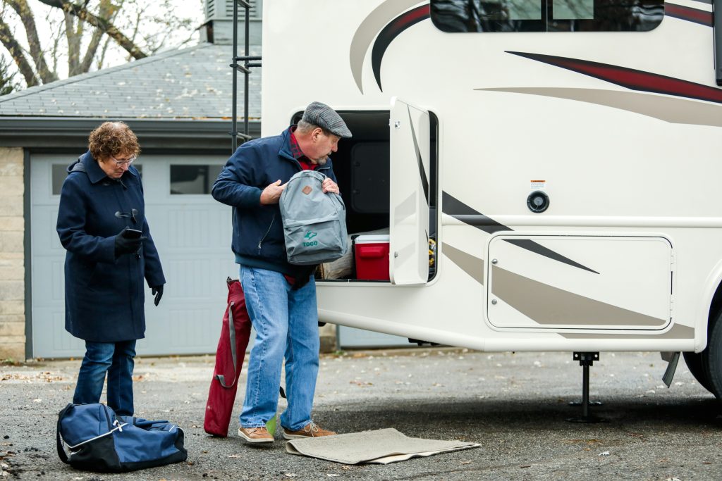 Travel trailer and storage preparation scene