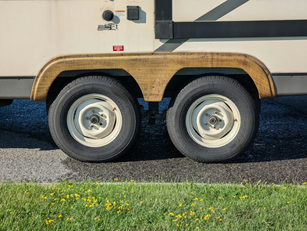 Close view of a trailer tire for a pre-trip check